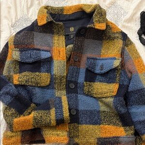 House of Harlow 1960 Plaid Shacket in Mustard, Navy & Blue